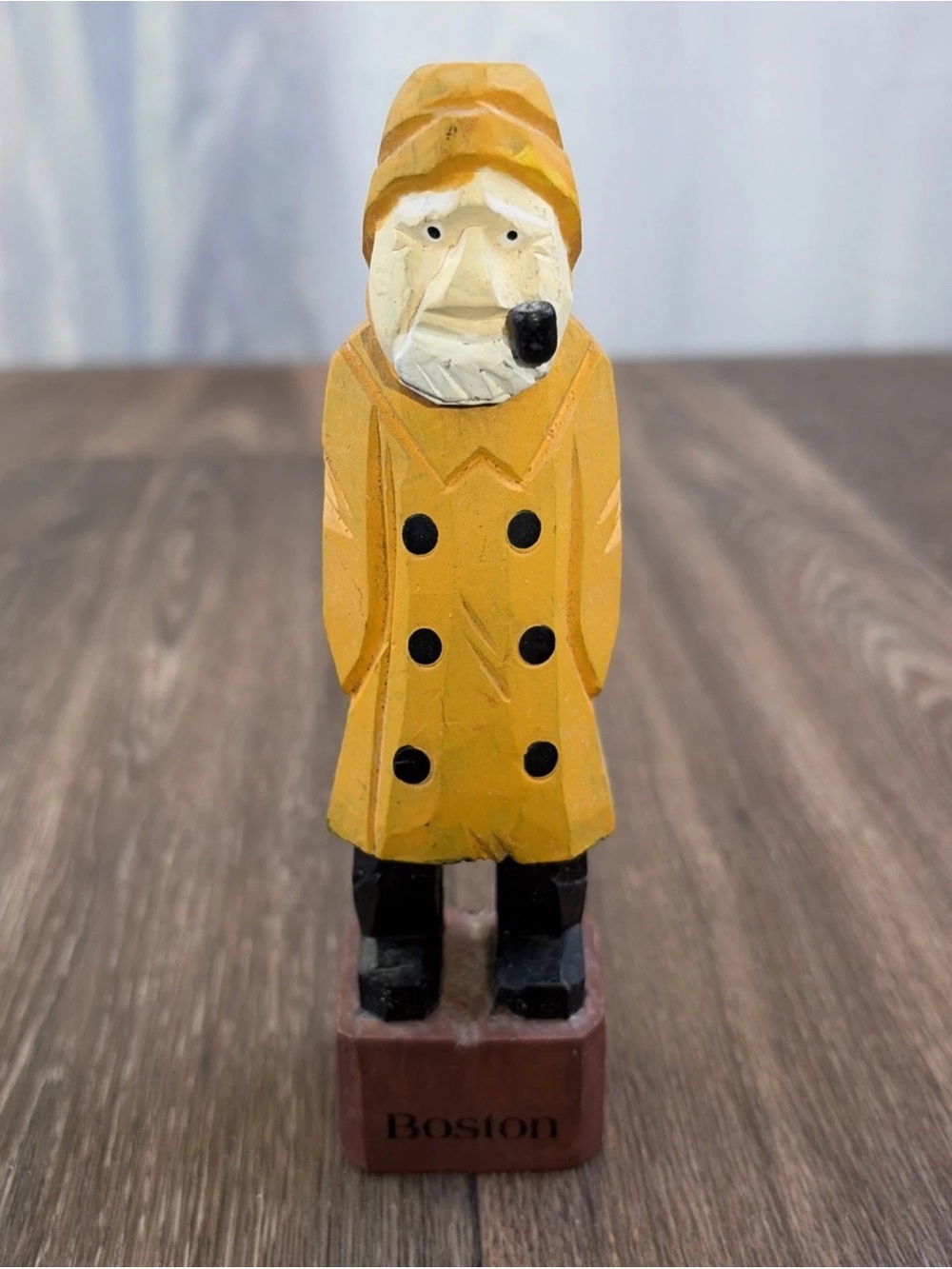 Hand Carved Wooden Fisherman Sea Captain Figurine Yellow Rain Jacket 6” Boston